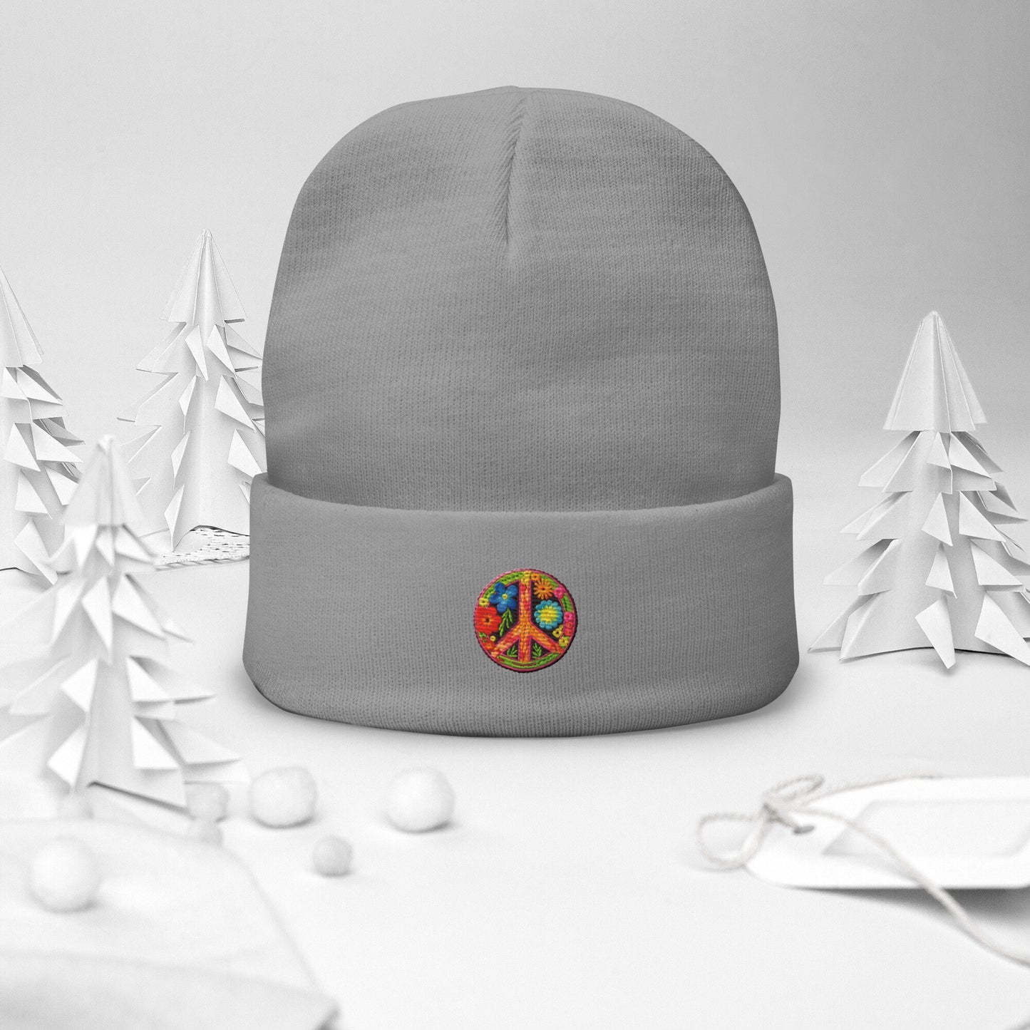 Embroidered Peace Sign Beanie
