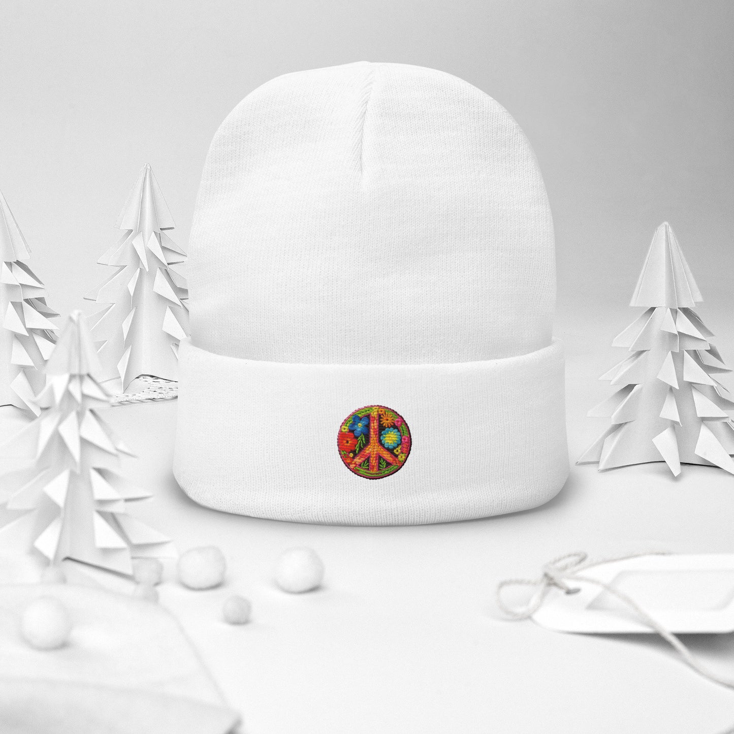 Embroidered Peace Sign Beanie