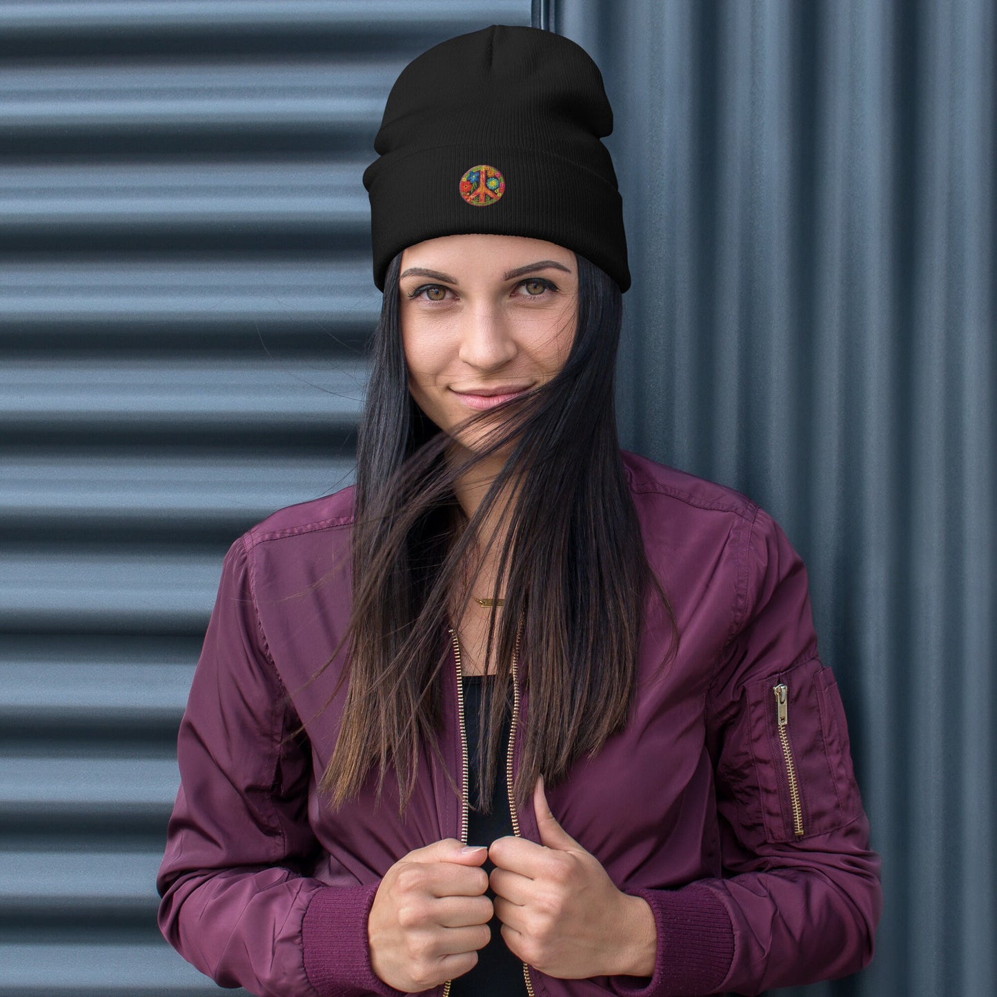 Embroidered Peace Sign Beanie